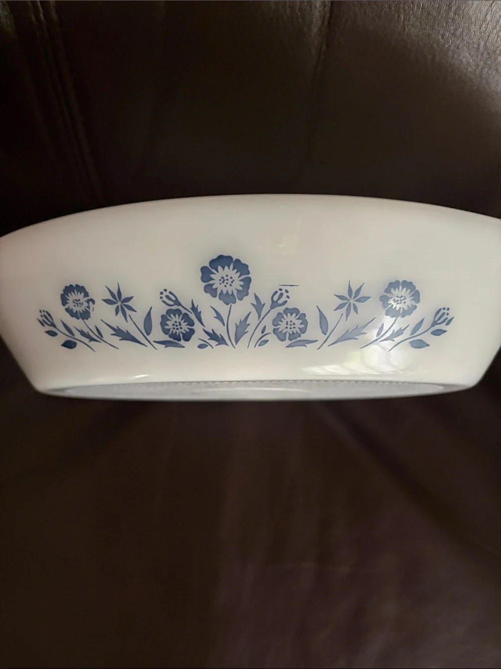 Vintage Glassbake Divided Serving Bowl with Blue Floral Border